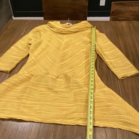 Vintage Lisa Rene cowl neck 3/4 sleeve yellow swirl pattern tunic mini dress L - Picture 6 of 10
